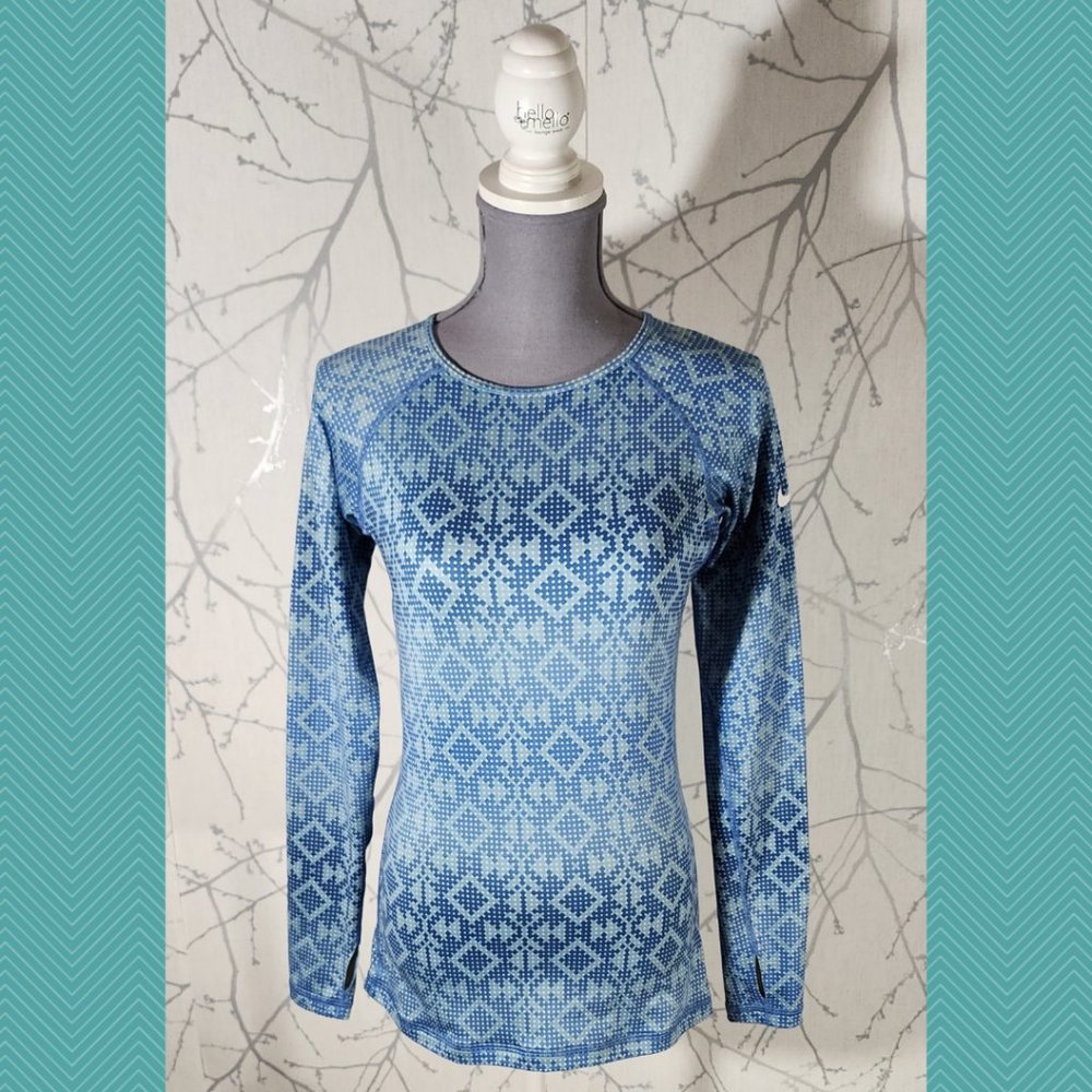 Nike Pro Blue Geometric Printed Long Sleeve Athletic Tee